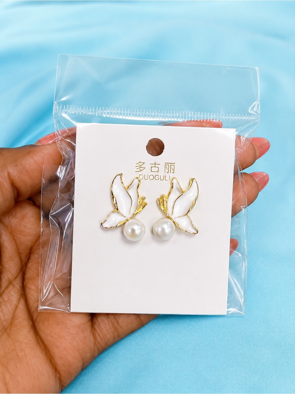 White Enamel Butterfly Pearl Stud Earrings